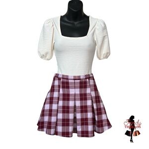 SO Juniors XS 1 Burgundy Pale Pink Plaid High Rise Pleated Flare Mini Skirt Twee